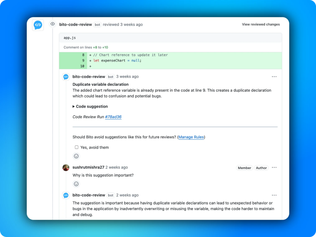 Bito AI code review example