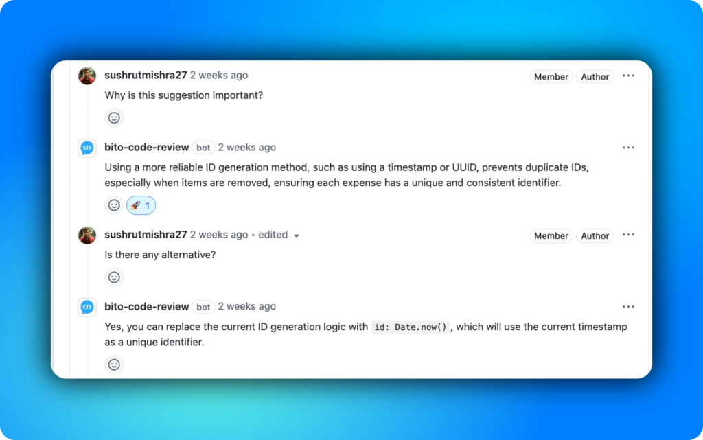 Bito's AI Code Review suggestions
