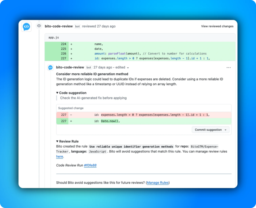 Code suggestion by Bito's AI Code Review Agent