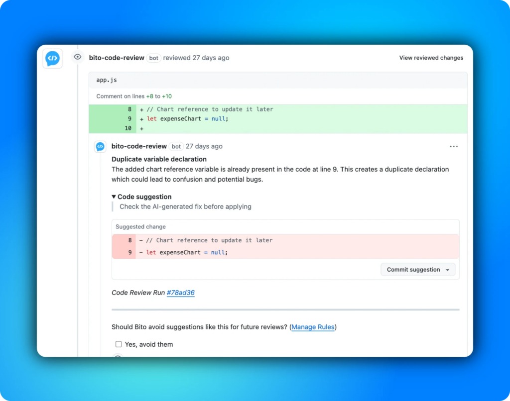 Code suggestion by Bito's AI Code Review Agent