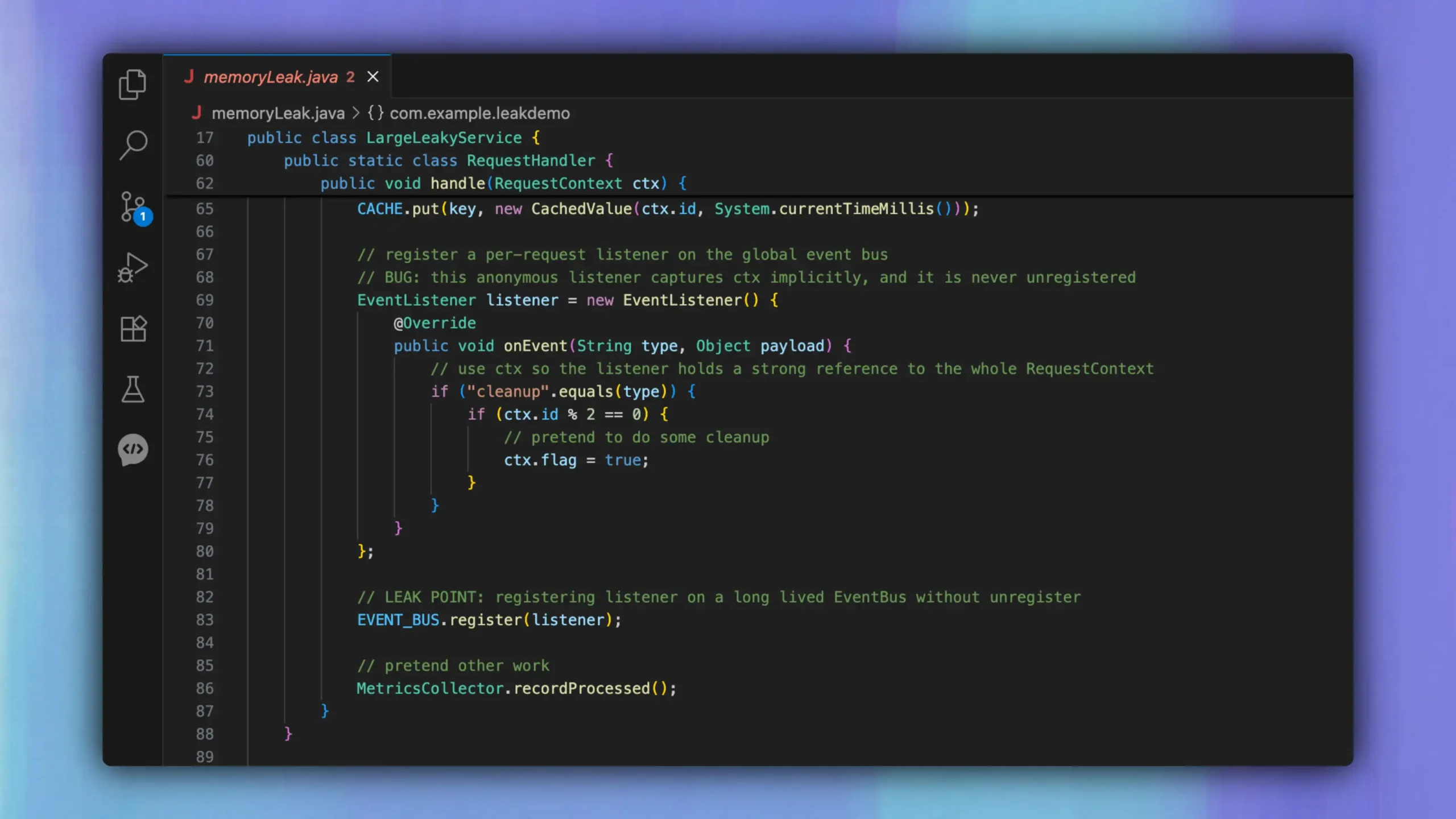 Java code with memory leak