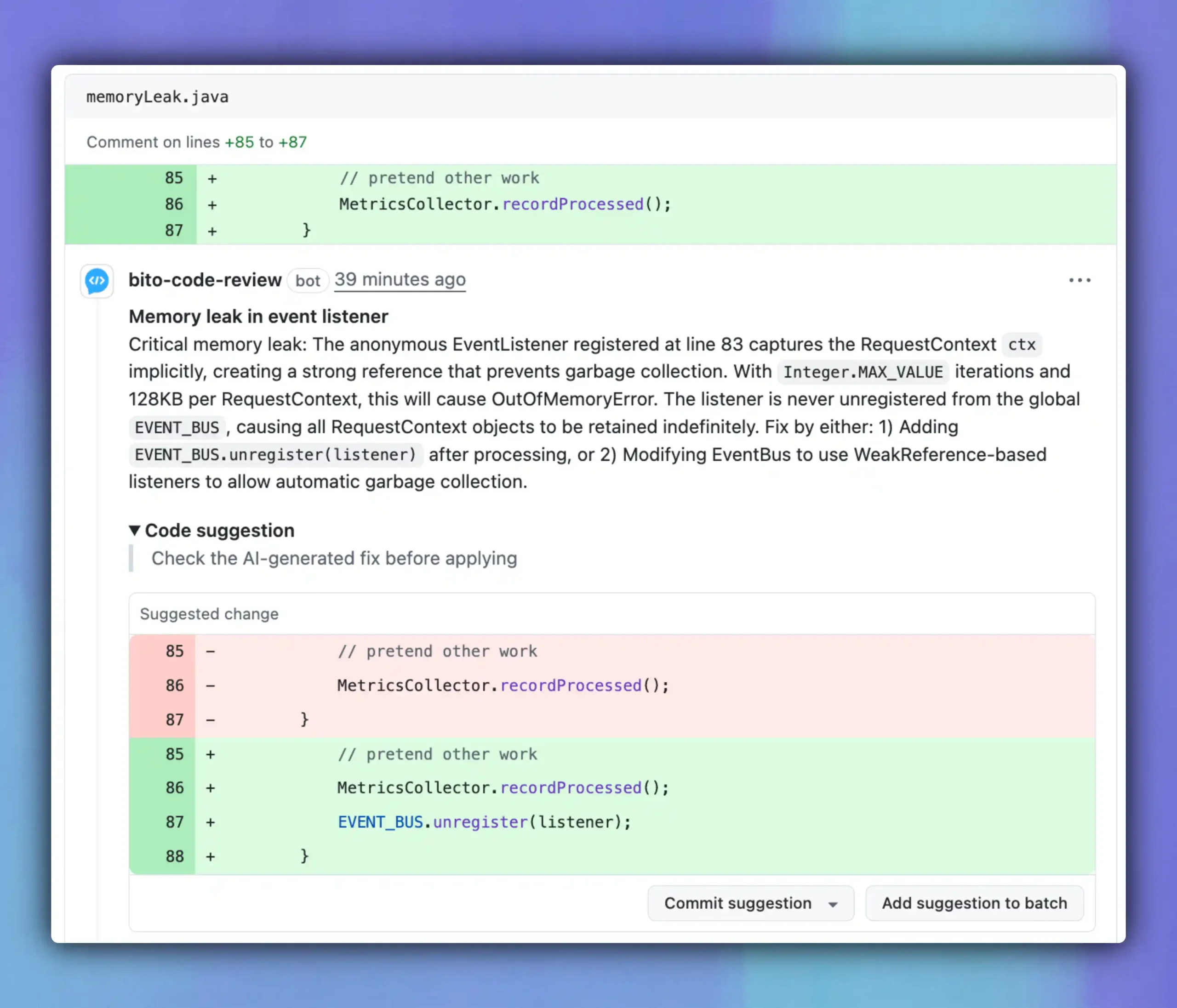 Bito catches memory leak in Java